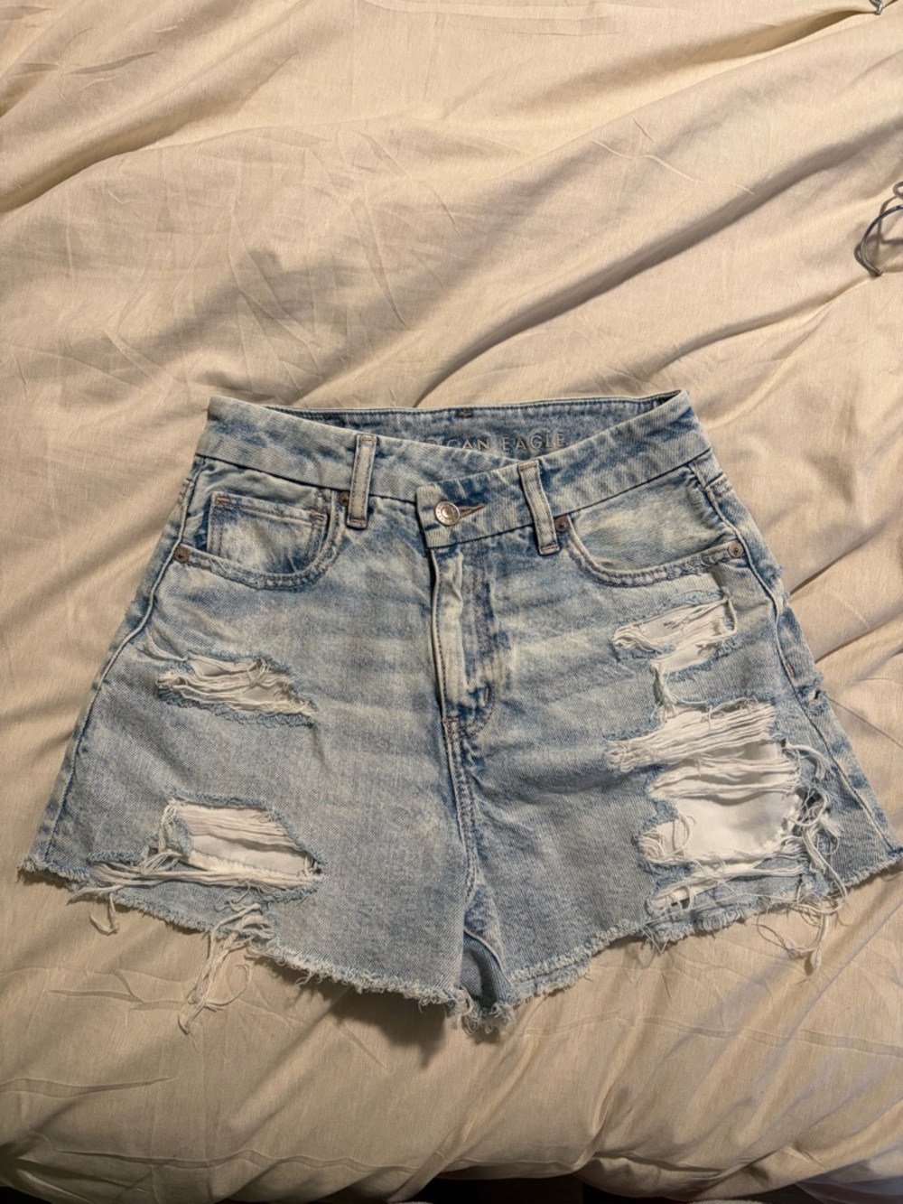 American Eagle Outfitters Light Blue Distressed High-Rise Denim Shorts